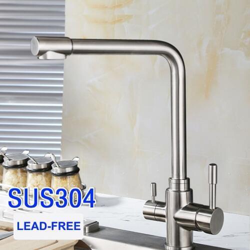 Triflow SUS304 Stainless Steel Filter Faucet Lead-Free Drinking Swivel Spout Filtered Water 3 Way Kitchen Faucet Filter