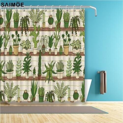 Funny Waterproof Tropical Plants Green Cactus Shower Curtain Succulent Polyester Bathroom Curtains For Bathtub Decor