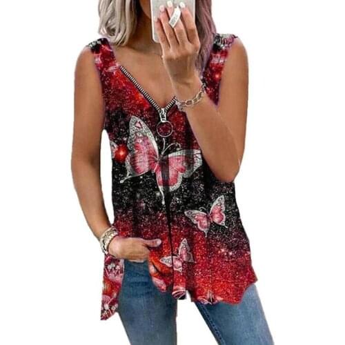 Women Fashion V-Neck Zipper Butterfly Print Sexy Loose T-Shirt Vest Summer Sleeveless Tank Tops Plus Size S-5XL Tops & Tees