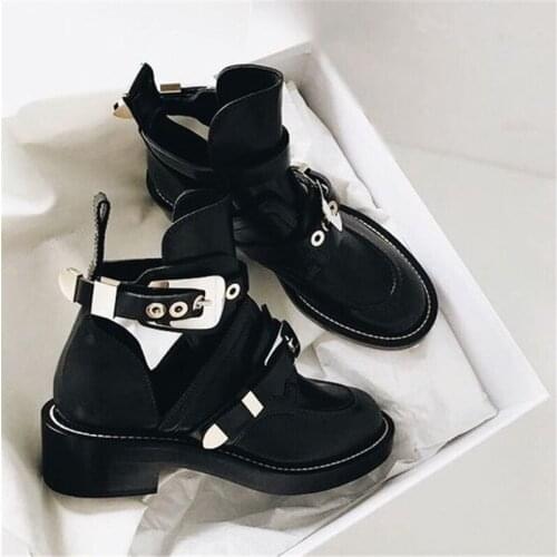 New Arrivals Luxury Brand Punk Designer Silver Gold Buckle Strap Women Motorcycle Boots Double Buckle Ankle Boots for Women Street Style Round Toe Cut out gladiator boots Summer Lady Shoes