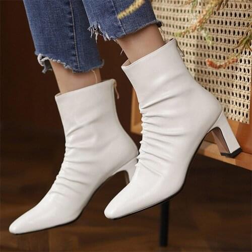 Oxfords Womens Pleaded Genuine Leather Suqare Toe Ankle Boots Mid Cuban Heels Oxfords Fashion Pumps 34 35 36 37 38 39 40