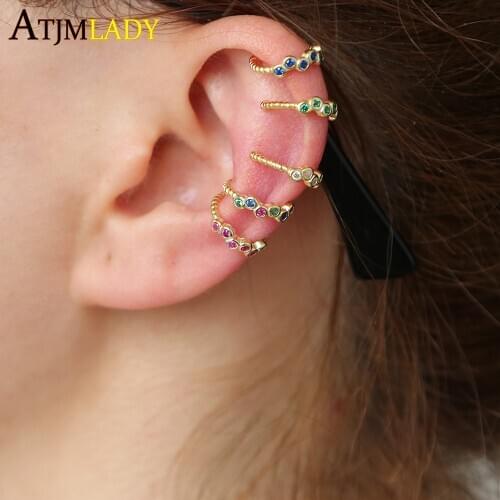 925 sterling silver Earrings Ear Cuff Clip On round cz circle minimal rainbow colorful stack 5 colors No Piercing Women earring