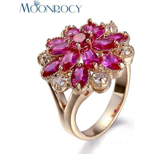 MOONROCY Drop Shipping Cubic Zirconia Hyperbole Rose Red Crystal Promise Wedding Rings Jewelry Wholesale for Women Gift