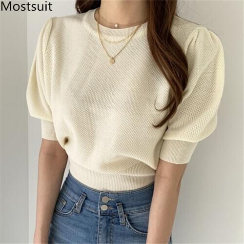 2020 Summer Korean Solid Women Knitted Sweaters Tops Puff Sleeve O-neck Fashion Tops Basic Simple Macaron Color Casual Sweaters