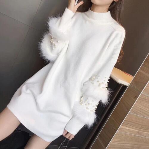 NORMOV 2019 Women Autumn Winter Knitted Pullovers Sweater Female Long Sleeve Wool Faux Rabbits Fur Beaded Sweater Dress