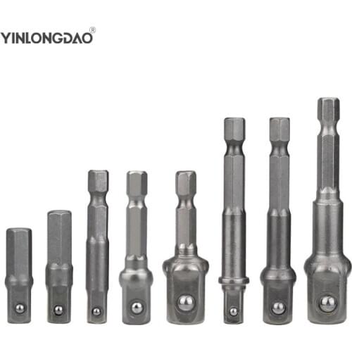 8pcs Socket Adapte Bits Set Hex Drill Nut Driver Power Shank 1/4" 3/8" 1/2" Connecting Rod Head Extension Drill Bits Tools DIY