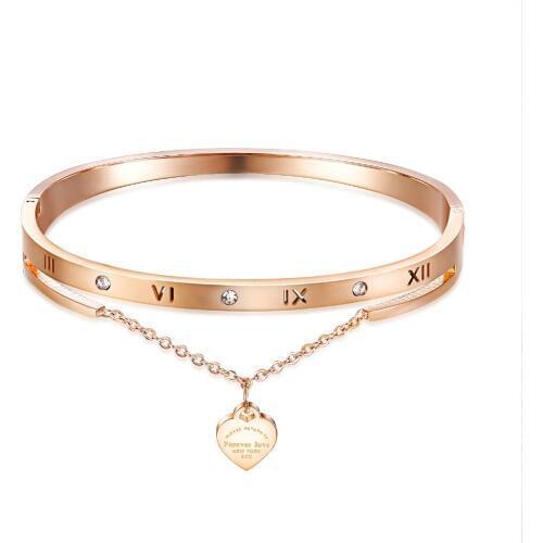 Roman numeral Heart Pendants Bangles Bracelet For Women Rose Gold Color Charm Stainless Steel Cuff Jewelry GIRL Gift