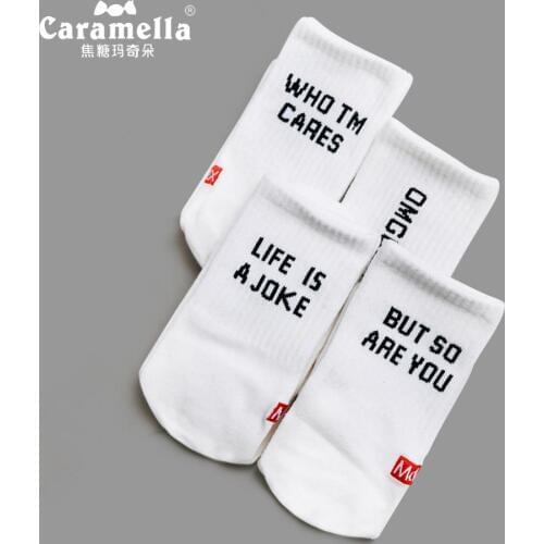 Caramella Funny Letter Women socks Cool White Embroidery Socks Women Cotton Short Socks Student Socks Breathable Comfy Hosiery