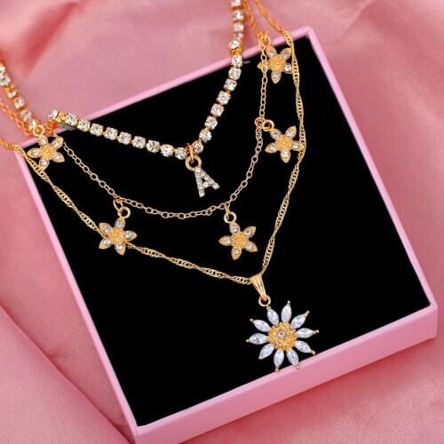 JJFOUCS Shine Crystal Multilayer Necklaces Women Crystal Initials Letter Flowers Starfish Pendants Tennis Chain Charms Jewelry