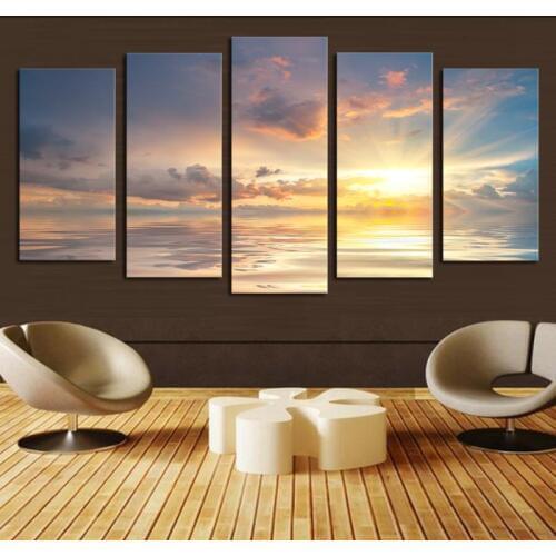 Unframed 5 Pcs Gray Sunset Seaview Picture Print Oil Painting Modern Canvas Wall Art for Wall Decor Home Decoration Artwork