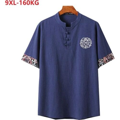 Summer Japan style linen Short Sleeve Tshirt Men plus size 8XL vintage tees button embroidery floral oversize tees personality