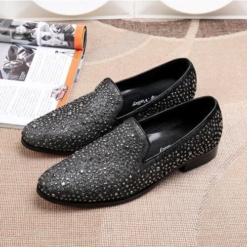Sapatos Rivets Mens Glitter Genuine Leather Dress Wedding Formal Shoes Slip On Causal Loafers Flats Male Velvet Sapato Social