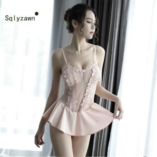 Sexy Women Summer Lingerie Nightdress Lace Satin Silk Spaghetti Straps Sleeveless Girls Nightgown Bodysuit Sleep Dress Homewear
