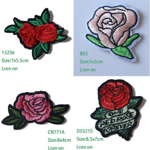 Rose with Leaves in Love Embroidered Iron on Patches for Clothing DIY Stripes Clothes Patchwork Sticker Custom Flowers Badges