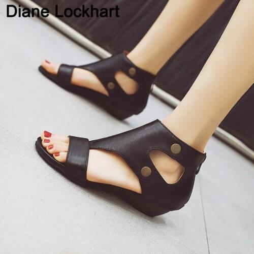 Retro Womens Sandals Soft Rome Stitching Ladies Wedges Comfortable Zip Flat Sandal Summer Open Toe Beach Shoes Woman Footwear