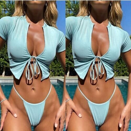 Sexy V-Neck Brazilian Push Up Bikinis Women Female Biquini Swimwear Short Sleeve Swimsuit Tied String Bathing Suit Beach Wear