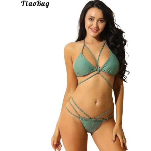 Sexy Women Bikini Swimsuit Braid Halter Cut Out Cup Padded Bra V-String Thongs Skimpy Triangle Underwear Sets Swimwear Beachwear