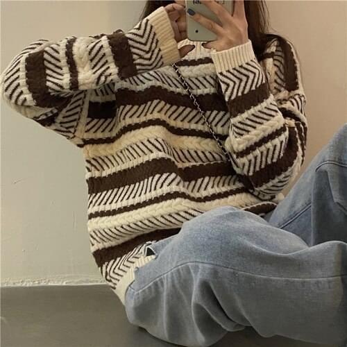 Chic Panelled Striped Women Pullovers Autumn Winter Warm Loose Knitted Sweaters 2021 New Sweet All-match O-neck Jacket