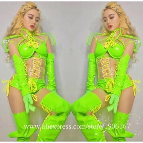Modern Dance Party Fluorescent Warrior Bikini Dance Suit Green Halloween Stage Performance Ballroom Costumes Nightclub C