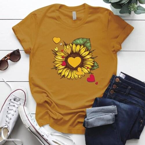 Love Sunflower Print Graphic Tee Shirt Femme Harajuku Plus Size Short Sleeve Polyester Woman Tshirts Casual Couple T Shirt Tops
