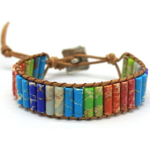 Women Tube Shape Natural Single Leather Wrap Semi Precious Stone Beaded Cuff Bracelet