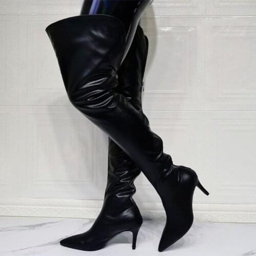Big Solid Black Over Knee High Boots Thin High Heel Pointy Toe Back Zipper Womens Thigh High Sexy Boots Long Size 45