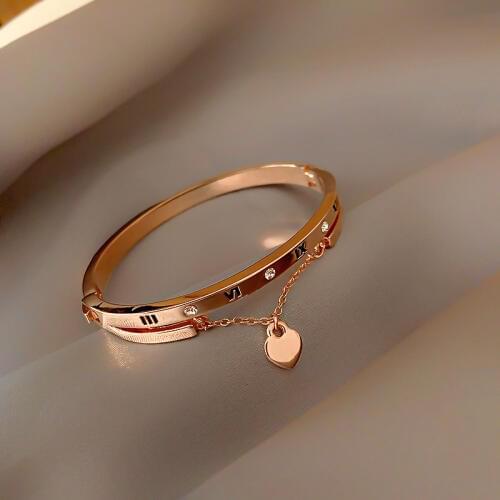 Rose Gold Roman Numerals Love Heart Charm Bangle Bracelet for Women Fashion Jewelry Best Gift