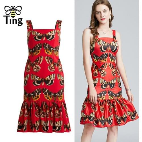 Tingfly Fashion Butterfly Summer Dress Sexy Bandage Ruffles Hem Sleeveless Knee Dress Lady Mermaid Streetwear Vestidos Za