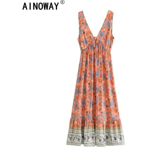 Vintage chic Boho women Multi Pink floral print sleeveless maxi dresses ladies deep v-neck bohemian cotton happie sundress