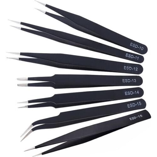 10pcs Anti-static ESD Stainless Steel Tweezers Maintenance Tools Industrial Precision Curved Straight Tweezers Repair Tools