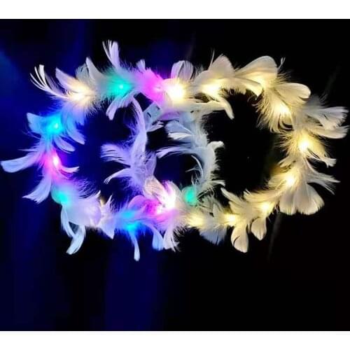 12pcs Princess Feather Luminous Wreath Headband Hairband Garlands Girls LED Light Up Hair Wreath Party Wedding Birthday Gifts