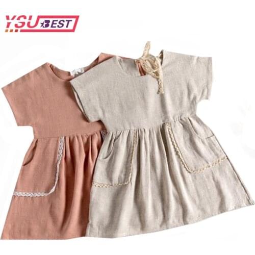 2021 Toddler Kid Baby Girl Summer Dress Ruffles Sleeves Cotton Linen Party Children Girls Casual Pocket Dress Sundress Clothes