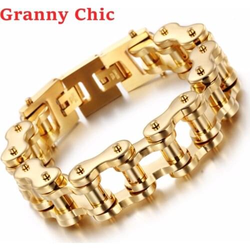 Granny Chic 9" 20/22mm Fashion Mens Jewelry Motorcycle Chain Stainless Steel Gold Color Biker Bracelet Man Bracelet & Bangle