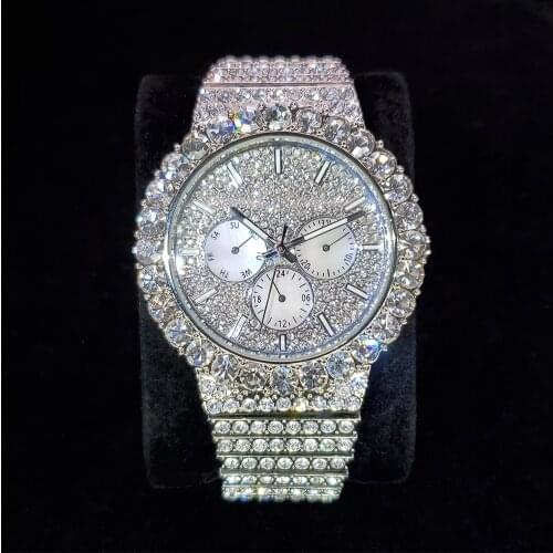 MiISSFOX Full Diamond White Gold Watches Man Luxurious Big Diamond Mens Quartz Watch Round Hiphop Party Wristwatch Gentleman