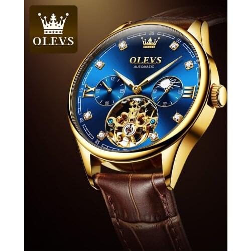 OLEVS NEW Hollow Tourbillon Mechanical Watch Mens Classic Leather Day Date Waterproof Luminous Automatic Watch Reloj Hombre