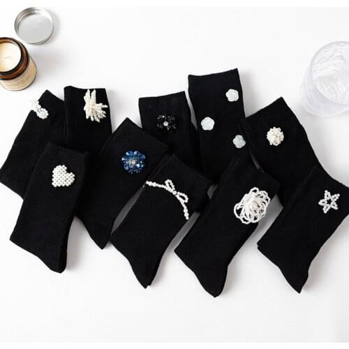 Black Socks Pearl Socks Pure Cotton Mid-Calf Length Socks Womens Socks Mid-Calf Crystal Socks Korean Fashion Womens Socks