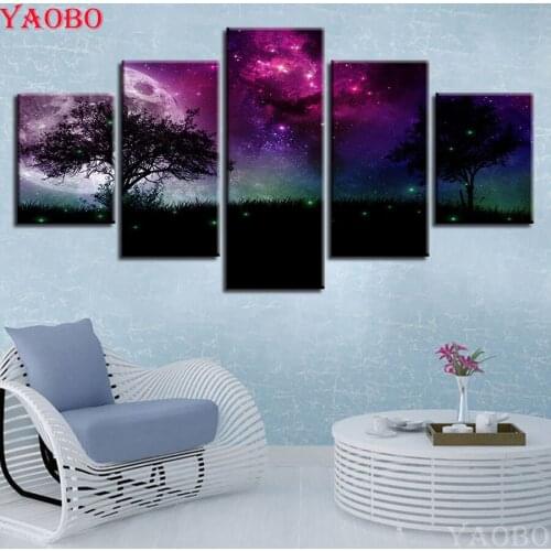 DIY Diamond Painting 5 Pieces Purple Starry Sky Forest Trees Picture Of Rhinestone Embroidery Full Drill Needlework Home Decor