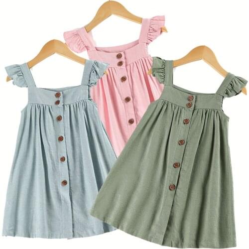 Cotton Linen Summer Ruffles Kids Clothes 2-8Y Solid Party Frocks Frill Sleeve Big Girls Dresses
