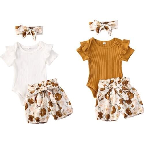 0-24M Lovely Infant Baby Girls Clothes Sets 3pcs Ruffles Short Sleeve Romper Tops+Floral Shorts+Headband