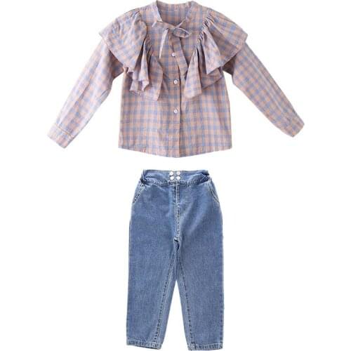 Teens Children Clothes Plaid Blouse + Jeans Girls Clothing Set 2021 Spring Autumn Casual Kids 2pcs Outfit 4 6 8 10 12 14 Years