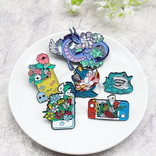 Colorful Plant Flowers Animal Enamel Pin Butterfly Goblin Dragon shark Wolf Mobile Game console Brooch Badges Kids Woman Jewelry