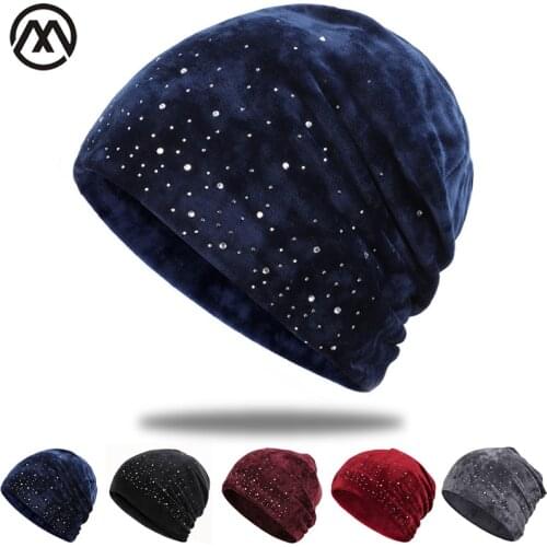 2019 fashion winter woman cap diamond winter cotton cap outdoor warm knit hat elegant female hat Beanie winter hat velvet design