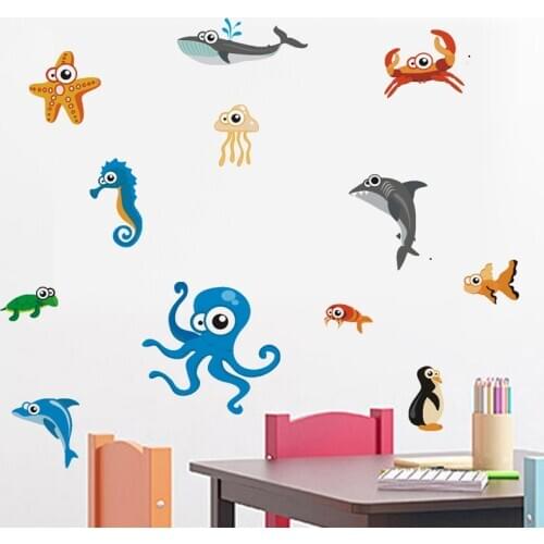 Marine Animal Wall Decal Shark Whale Octopus DIY Wall Sticker for Children Room Kindergarten Bedroom Wallpaper mural