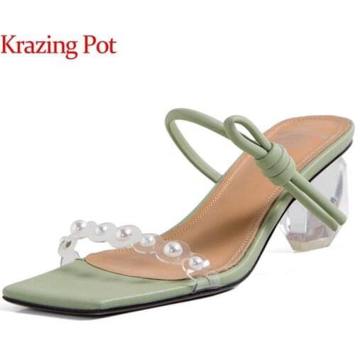 Krazing pot summer genuine leather square toe high heels strange style crystal heel pearl fairly beading mules sandals women L22