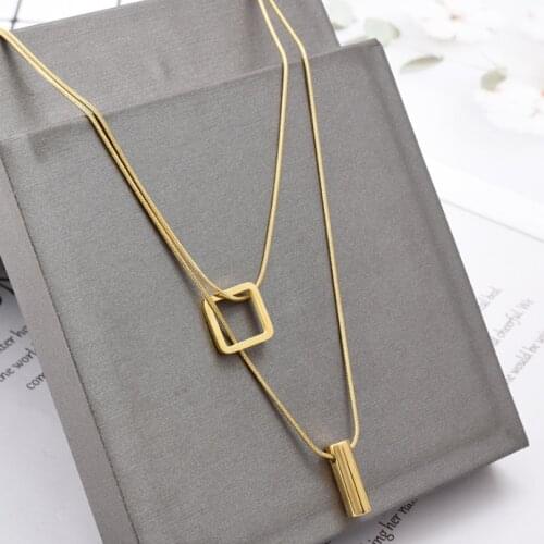 316L Stainless Steel Square Cylinder Pendant Double Layer Snake Bone Chain Choker Necklace For Women Fashion Fine Jewelry SAN712