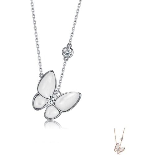 SILVERHOO Genuine 925 Sterling Silver Flying Butterfly Pendant Necklace With Cubic Zircon Ceramic Handmade Female Fine Jewelry