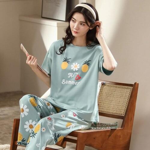 Cartoon Pajamas For Women Set Summer Kawaii Cotton Short Sleeve Long Pants Home Clothes Sleepwear Female Loose Homewear Pijama
