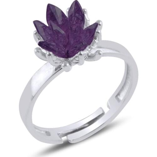 Silver 925 Sterling Lotus Flower Amethyst Zircon Stone Ring