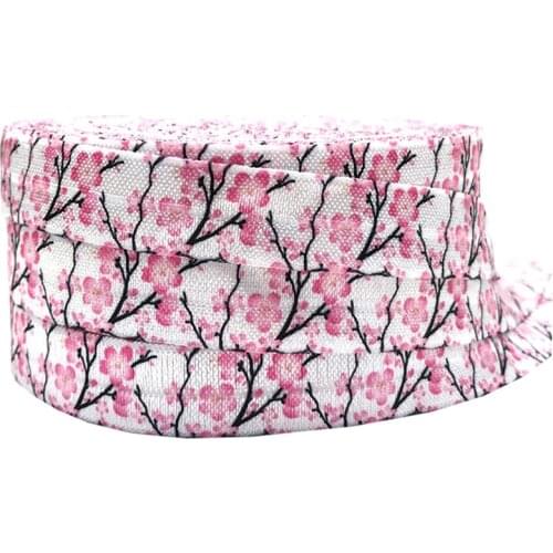 Plum Blossom Print Fold Over Elastic Ribbon FOE 10Yards 5/8" DIY Crafts For Clothing Baby Headband Material