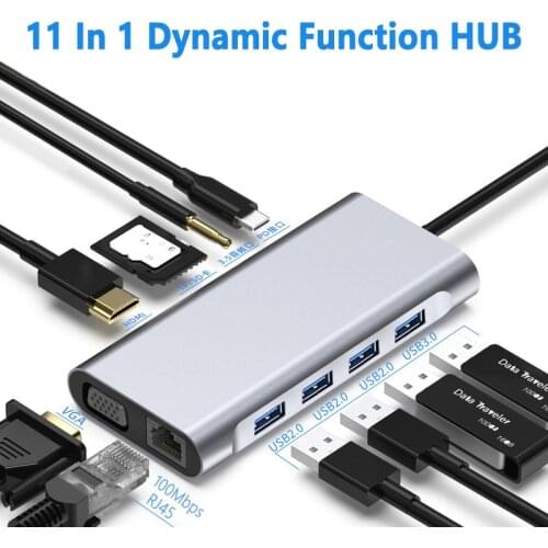 11 in 1 USB HUB Type C Hub To HDMI-Compatible VGA RJ45 Lan Ethernet 100M SD TF Hub 3.0/2.0 Jack 3.5MM Audio For MacBook Pro/Air